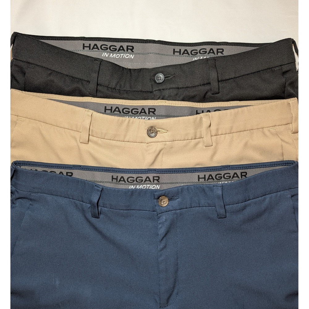 Lot of 3 Haggar 38x32 Mens Pants Black Navy Khaki Flat Front Chino Trousers